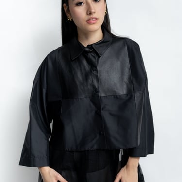 Oversized Cropped Leather Grid Detail Blouse