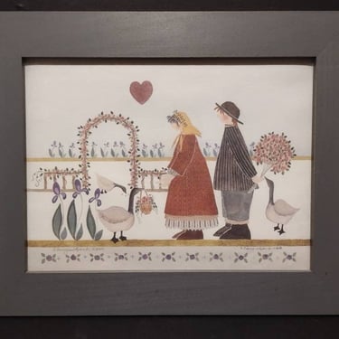 Vintage Signed 1988 Barbara Bourgeau Richards Print "Surprise for Salmie" 183/1000 Framed Folk Art Print 15x12 