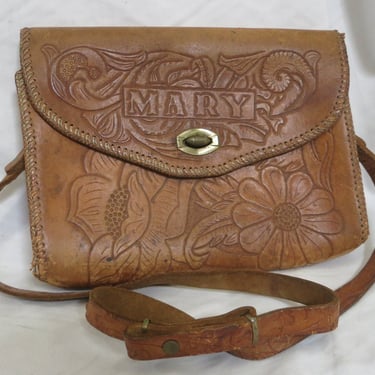 Vintage Mexican Hand Tooled Leather Crossbody Purse Floral Design 