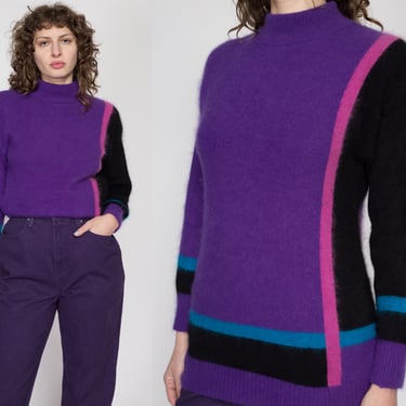 Medium 80s Purple Angora Color Block Sweater | Vintage Knit Funnel Neck Pullover Jumper 