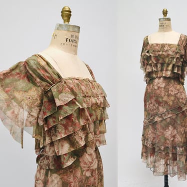 2000s Y2K Vintage Floral Print Ruffle Top and Skirt by Cynthia Steffe Top Skirt Set Medium Brown Floral Floral Print Ruffles Top Skirt Dress 