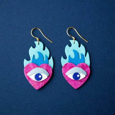 Hearts on Fire - Flaming Heart + Evil Eye Statement Earrings in Blue / Purple 