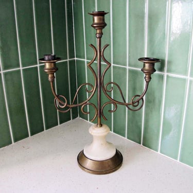 Vintage Brass and Marble 3 Prong Candelabra - Romantic Cottagecore Traditional Art Nouveau Taper Candle Holder 