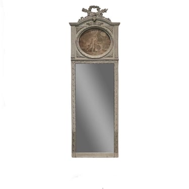 Antique French Louis XVI Style Grisaille Painted Trumeau Mirror - Tall Narrow Floor Mirror 