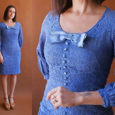 Vintage 60s Cornflower Blue Crochet Lace Dress with Sheer Sleeves/ 1960s Mod Dress/ Size XS Small 