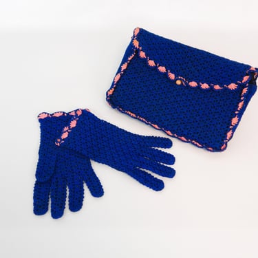 Vintage Matching Gloves & Clutch Purse  | 1950s Handmade Crocheted 2 Piece Set | Blue and Pink 