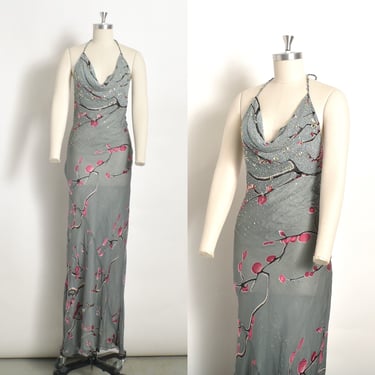 Vintage 1990s Dress / 90s Diane Freis Cherry Blossom Print Gown / Gray Pink ( M L ) 