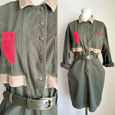 Vintage 1980s Khaki Utility Belted Dress / M 