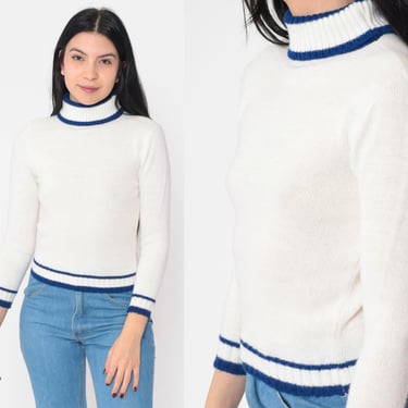 White Turtleneck Sweater 70s Cropped Pullover Knit Ringer Sweater Blue Striped Retro Seventies Knitwear Acrylic Vintage 1970s Extra Small xs 