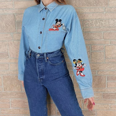 Vintage Mickey and Minnie Mouse Disney Embroidered Jean Shirt 