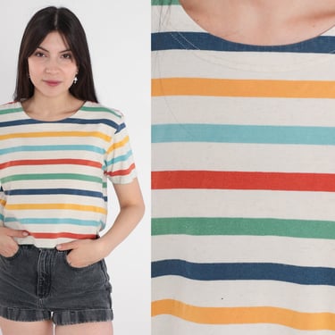 90s Striped T Shirt Primary Color Shirt Oatmeal Crewneck Tee Short Sleeve Top Blue Red Yellow Vintage 1990s Liz Sport Claiborne Small Petite 