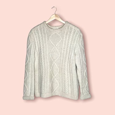 Vintage White Handmade Wool Crochet Crewneck Sweater, Handknit Wool Sweater 