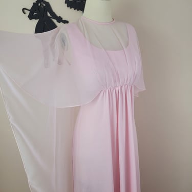 Vintage 1970's Pink Floral Maxi Dress / 70s Prom Formal Polyester Dress XS/S 