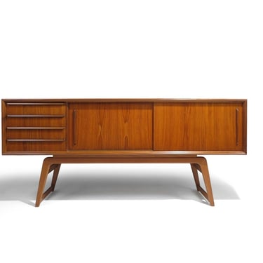 71" Danish Teak Credenza With Sliding Doors on Flared Legs