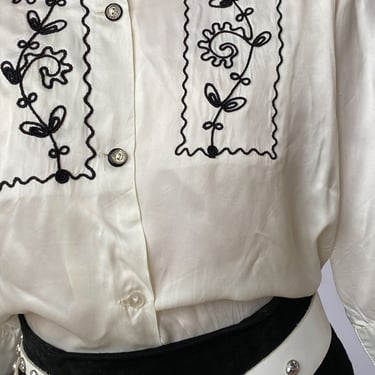 1940s Ivory & Black Embroidered Satin Button-Down, sz. M