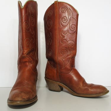 Vintage 1980s Dingo Boots, SIze 7 1/2M Women, Caramel Brown Leather, Stacked Heel, Urban Cowgirl 