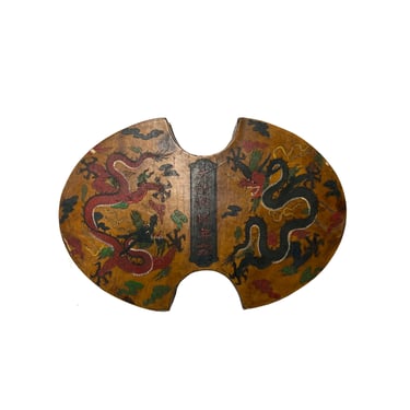 Chinese Distressed Mustard Yellow Dragon Graphic Oval Shape Box ws3389E 