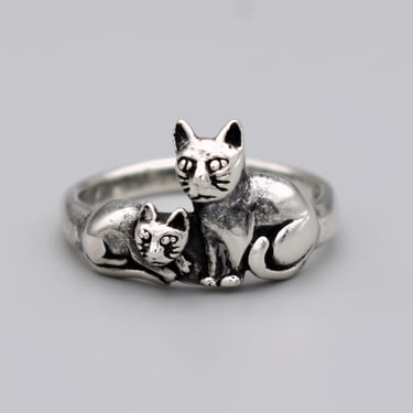 90's sterling cat & kitten size 7 edgy kitsch ring, TMA 925 silver Thailand glaring kitties ring 