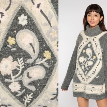 Turtleneck Sweater 80s Floral Paisley Embroidered Jumper Grey Silk Blend Oversized Pullover Turtle Neck Vintage 1980s Kawaii Retro Medium M 