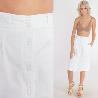 White Midi Skirt 80s Snap Up Pencil Skirt Retro Bohemian Summer High Waisted Simple Plain Preppy Knee Length Vintage 1980s Extra Small xs 