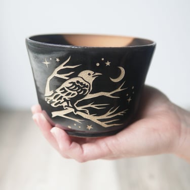 Crow Bowl - bird on branches handmade pottery 