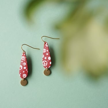 Long Drops with Little Brass Circles in Dots on Dots Pattern - Red + White 