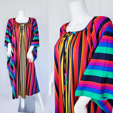 Volup 1980's Colorful Rainbow Stripe Poly Caftan Dress I Sz O/S I Clovis Ruffin 