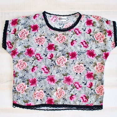 Vintage 90s Crop Top, 1990s Floral Blouse, Rose Flower Print, Lace Trim, Short Sleeve, Cottagecore, Cropped Shirt 