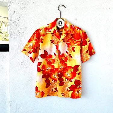 Vintage 70s Hawaiian Shirt Large Collar Bright Floral Orange Aloha Shirt Hawaii Barkcloth Collared Top 