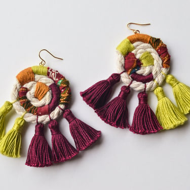 Statement Tassel Earrings - Asymmetrical Multicolor Fringe Earrings - Burgundy/Purple, Green, Gold Filled, Wrapped Rope, Batik Fabric - Boho 