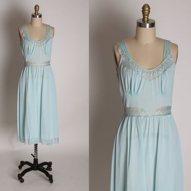 1950s Blue Nylon Sleeveless Full Length Night Gown by Kayser -XS 