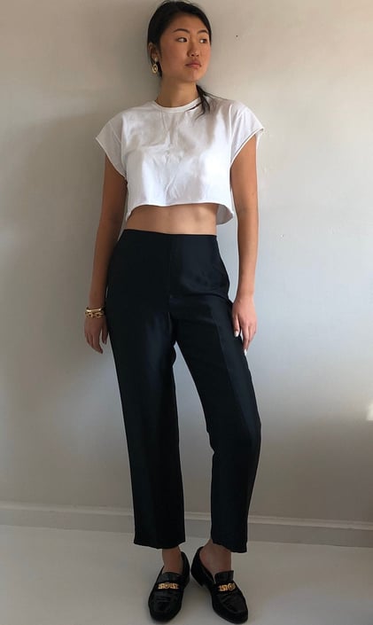90s silk pants / vintage black silk charmeuse flat front cigarette pants | M 