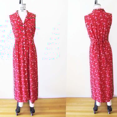 Vintage 90s Red Floral Maxi Dress M - 1990s Grunge Long Sleeveless Button Front Sundress Wildflower Print - Rayon Tie Back Cottage Dress 