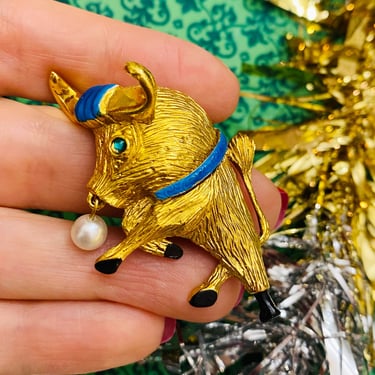 Vintage Gold Taurus Bull Brooch with Pearl Drop