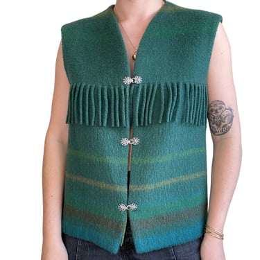 Vintage 1970s Womens Retro Norwegian Green Wool Fringe Striped Sweater Vest Sz L 