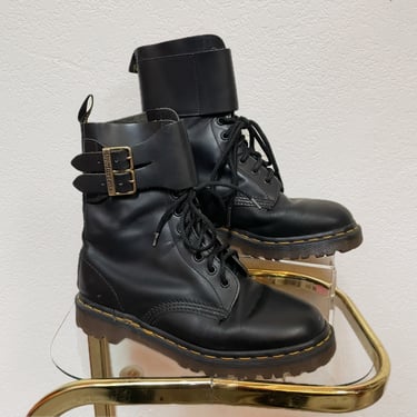 1990s Black Leather, Double Gold Buckle Dr. Martens Made in England Size US 8.5 | Vintage, Grunge, Funky, Rare, Unique 