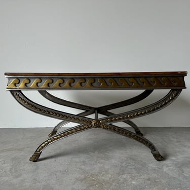 Hollywood Regency Style Brass & Leather Cocktail Table with X-Base 