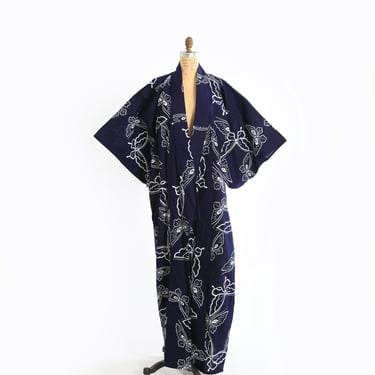 Vintage 1950s Butterfly navy blue cotton kimono 