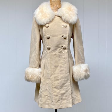 Vintage 1960s Beige Brushed Ramie Fabric/Faux Fur Coat, Double-Breasted Vegan Penny Lane Daisy Jones Outerwear, Small 36