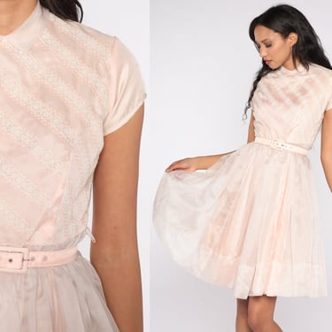 60s Party Dress Baby Pink Lace Trim Prom Dress Peter Pan Collar Dress Short Sleeve Full Skirt 1960s High Waisted Vintage Extra small xs 