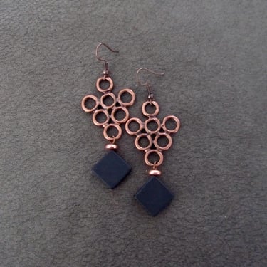 Geometric black and copper mid century modern earrings 