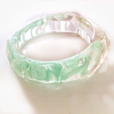 midcentury modern bracelet, clear acrylic with mint green swirl vintage bangle mothers day gift for her 