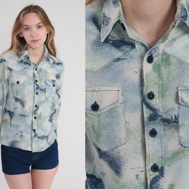 70s Disco Shirt Western Abstract Button Up Shirt Blue Green White Watercolor Print Collared Top Groovy Boho Vintage 1970s Long Sleeve XS 