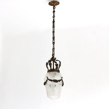 Antique French Bronze Hanging Lamp In Gilded Brass And Satin Cut Glass Etched Glass Art Deco Crown Ceiling lamp ,1930s 