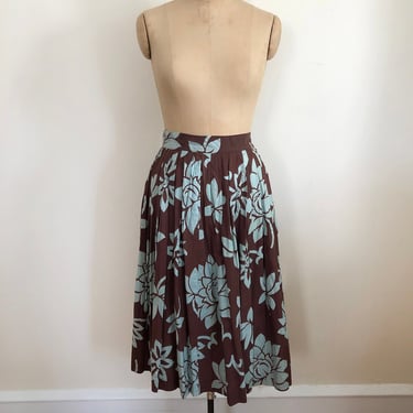 Brown and Light Blue Tropical Floral Print Cotton Midi Skirt - 1950s 