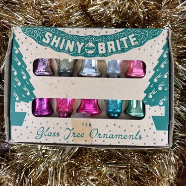 Vintage Miniature Christmas Tree Ornament set of 12, Shiny Brite Bell Set, Package Ties, Center Pieces, Table Trees, Sprays, Pink & Purple 