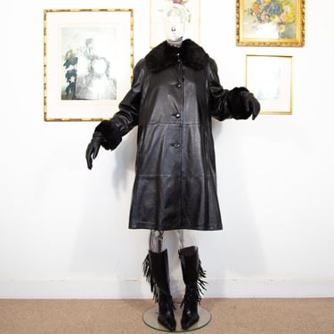 Vintage 1980s Black Real Leather Maxi Coat With Removable Fur Collar And Cuffs M 