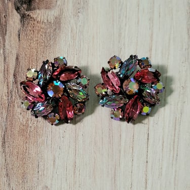 Vintage Japanned AB Colored Rhinestones Clip On Earrings, Mid Century Style 