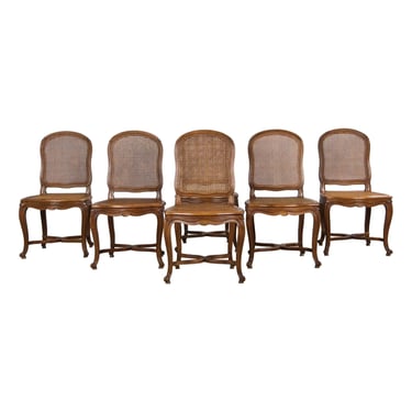 Antique French Louis XV Style Provincial Walnut Cane Dining Chairs - Set of 6 