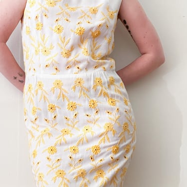 1950s Yellow Broderie Anglaise Linen Shift Dress 